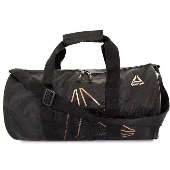 Reebok Plyo Gym Duffle Bag Weekender Bag Logo Rose Gold Black Water Resistant - Picture 1 of 7
